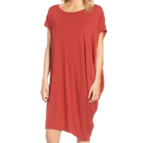 Eileen Fisher Asymmetrical Draped Shoulder Viscose Blend Dress - Picture 1 of 8